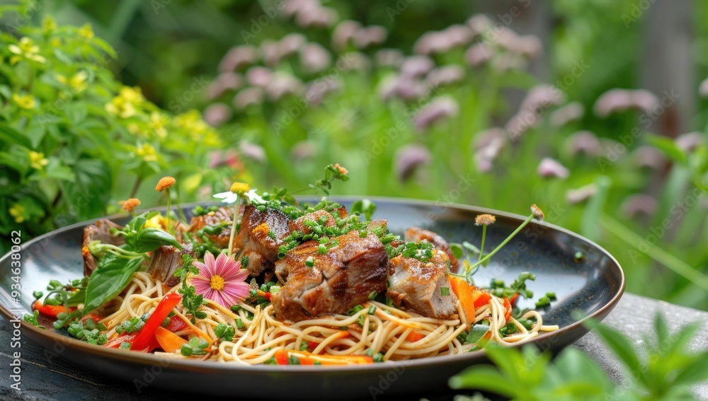Photo of Sadsar lamb with noodles on a plate Photo of Sadsar lamb with noodles on a plate