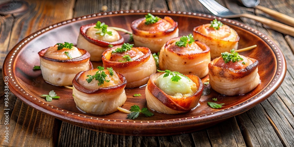 Gourmet scallops wrapped in bacon served on a rustic plate, perfect for a seafood appetizer Gourmet scallops wrapped in bacon served on a rustic plate, perfect for a seafood appetizer