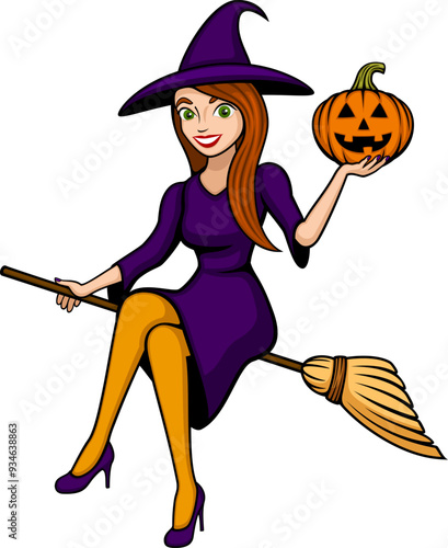 Vector illustration of a pretty witch sitting, legs-crossed, on a broom, smiling and holding a jack-o-lantern.