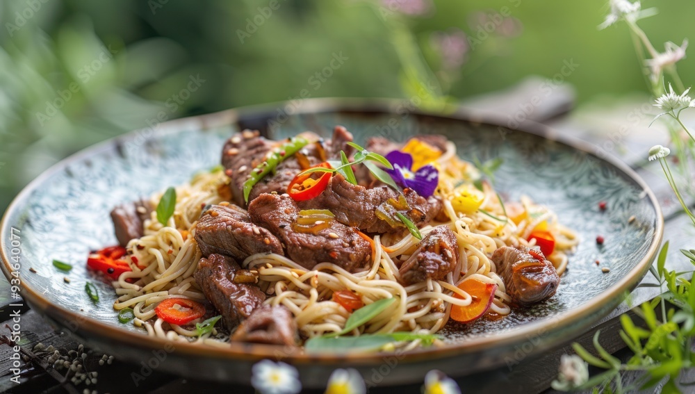 Photo of Sadsar lamb with noodles on a plate Photo of Sadsar lamb with noodles on a plate