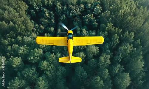 Yellow Airplane Flying Over Dense Forest Canopy with ai generated.
 photo