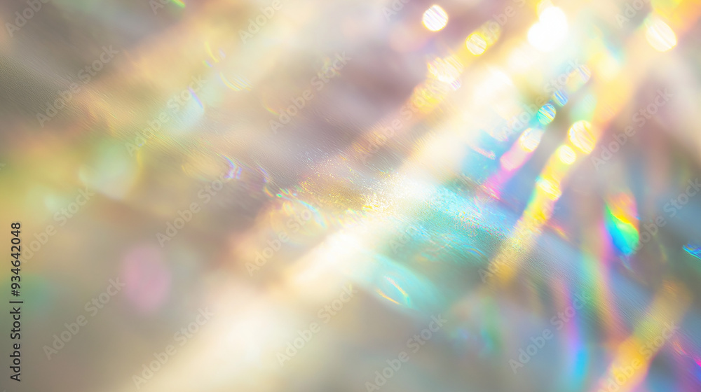 a blurred photograph of light rays creating an iridescent effect on the surface, showcasing rainbow colors and soft edges