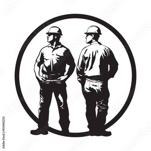 Silhouette of a construction worker with hardhat on circle Vector Image.