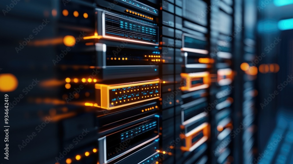 A close-up of a modern data server with illuminated LED lights, emphasizing technology and digital infrastructure. A close-up of a modern data server with illuminated LED lights, emphasizing technology and digital infrastructure.