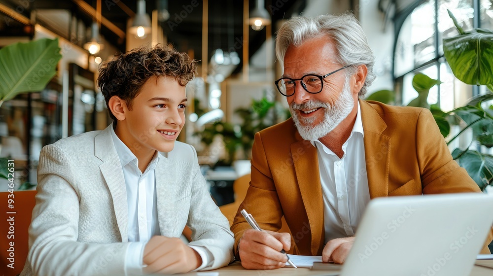 A joyful mentor and student collaborate in a modern office space, sharing ideas and knowledge for personal growth and learning. A joyful mentor and student collaborate in a modern office space, sharing ideas and knowledge for personal growth and learning.