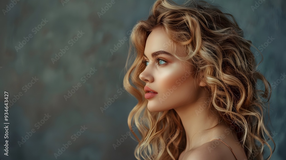 Beautiful woman in profile with long and shiny wavy hair . Beauty model girl with curly hairstyle . Fashion, cosmetics and makeup. Beautiful woman in profile with long and shiny wavy hair . Beauty model girl with curly hairstyle . Fashion, cosmetics and makeup.