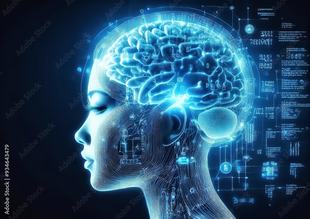 Conceptual illustration of the human brain against the background of mathematical formulas and diagrams Conceptual illustration of the human brain against the background of mathematical formulas and diagrams