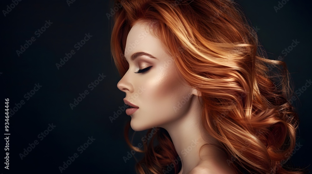 Fototapeta premium Beautiful woman in profile with long and shiny wavy hair . Beauty model girl with curly hairstyle . Fashion, cosmetics and makeup. 