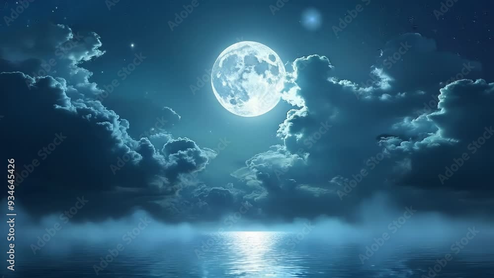 Shimmering ocean reflects full moon's glow. Wispy clouds drift across starry sky. Ethereal atmosphere evokes tranquility and wonder. Shimmering ocean reflects full moon's glow. Wispy clouds drift across starry sky. Ethereal atmosphere evokes tranquility and wonder.