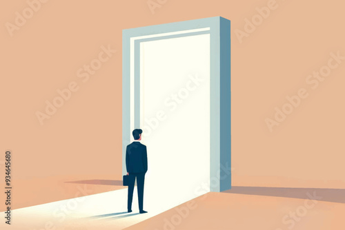 a businessman stands in front of a large white lighted door, as a symbol of hope and success