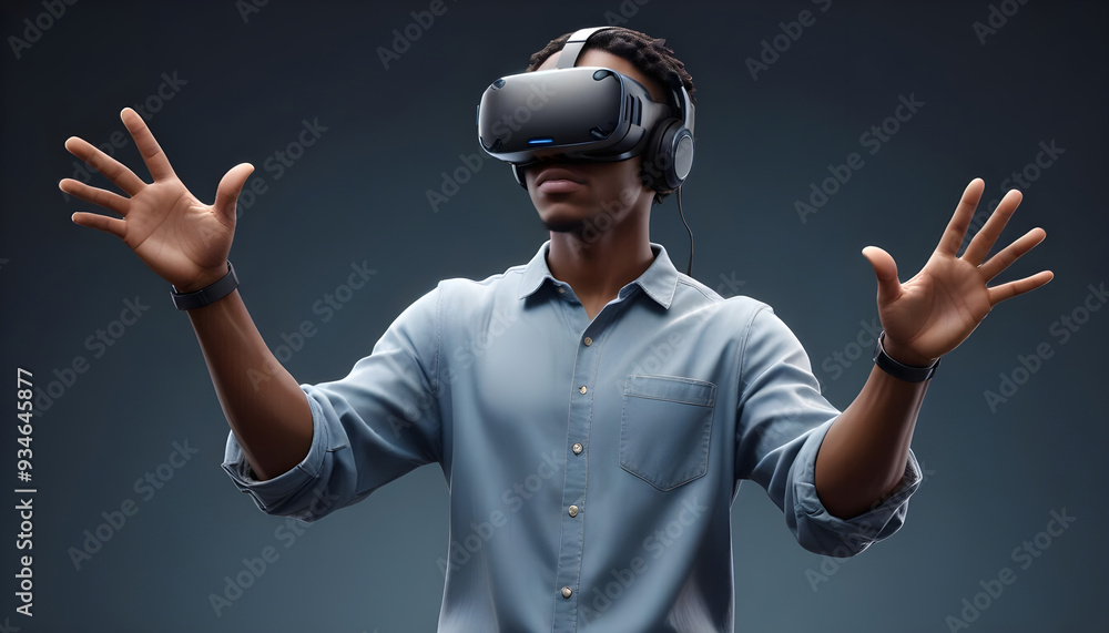 Young man using VR virtual reality headset in studio portrait white background Young man using VR virtual reality headset in studio portrait white background