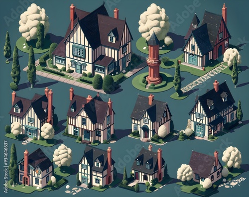 set of isometric houses, simple vector illustration, 3D render, front view, top down view, front and side views clipart element, prnt, business, workart photo