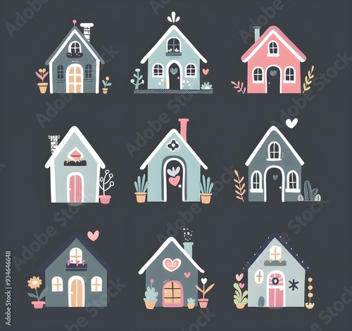 set of cute houses cartoon, icons vector illustration clipart element, prnt, business, workart photo