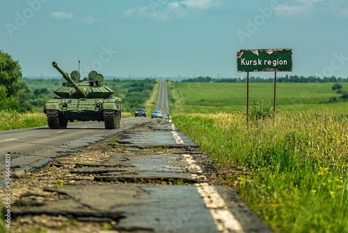 A summer road in Russia with cars and a tank driving by. On the right side of the frame is a road sign reading 