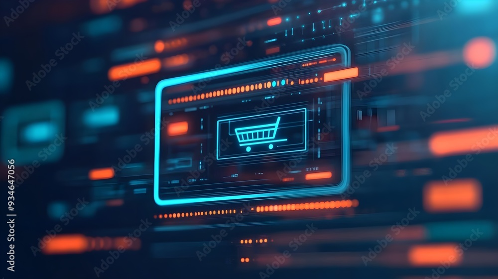 Obraz premium Digital Shopping Cart Icon with Blue and Orange Lights