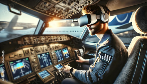 Pilot Using VR Headset for Flight Training Simulation