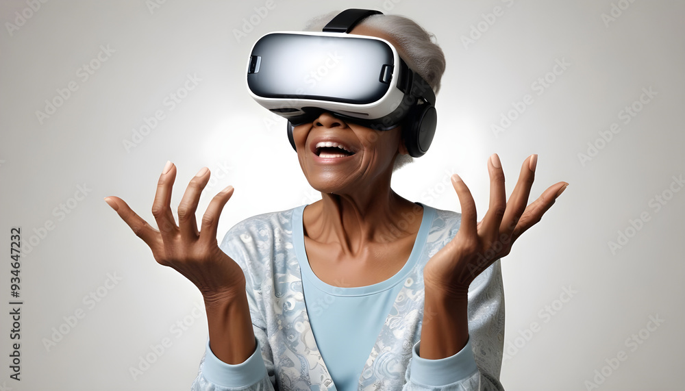 Elderly woman using VR virtual reality headset in studio portrait white background Elderly woman using VR virtual reality headset in studio portrait white background