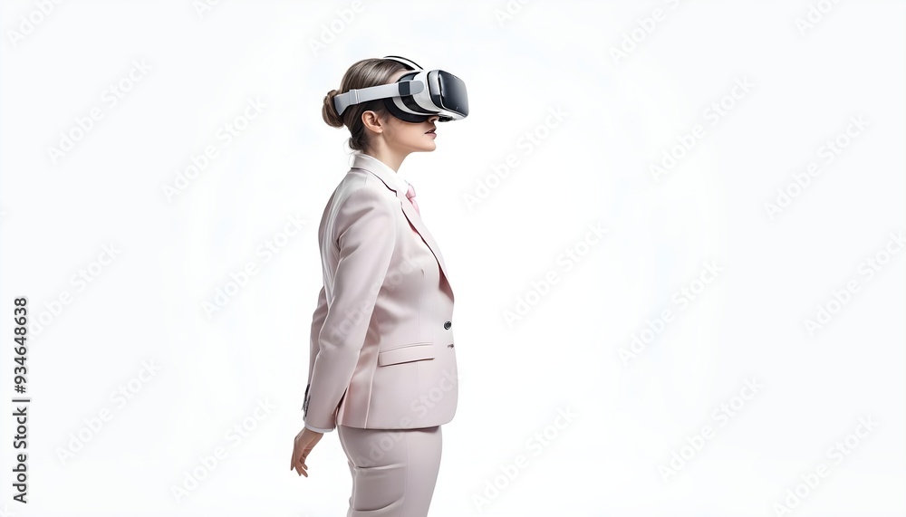 Young woman using VR virtual reality headset in studio portrait white background Young woman using VR virtual reality headset in studio portrait white background