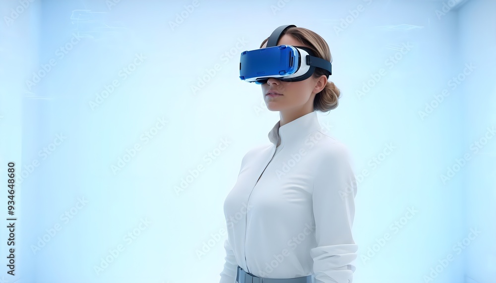 Young woman using VR virtual reality headset in studio portrait white background Young woman using VR virtual reality headset in studio portrait white background