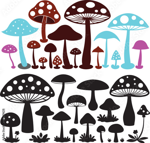 Mashroom Logo, mashroom coloring page, mashroom coloring art page , Celestial mushrooms. Composition with mushrooms and leaves. Esoteric clipart. Hand drawn vector illustration  