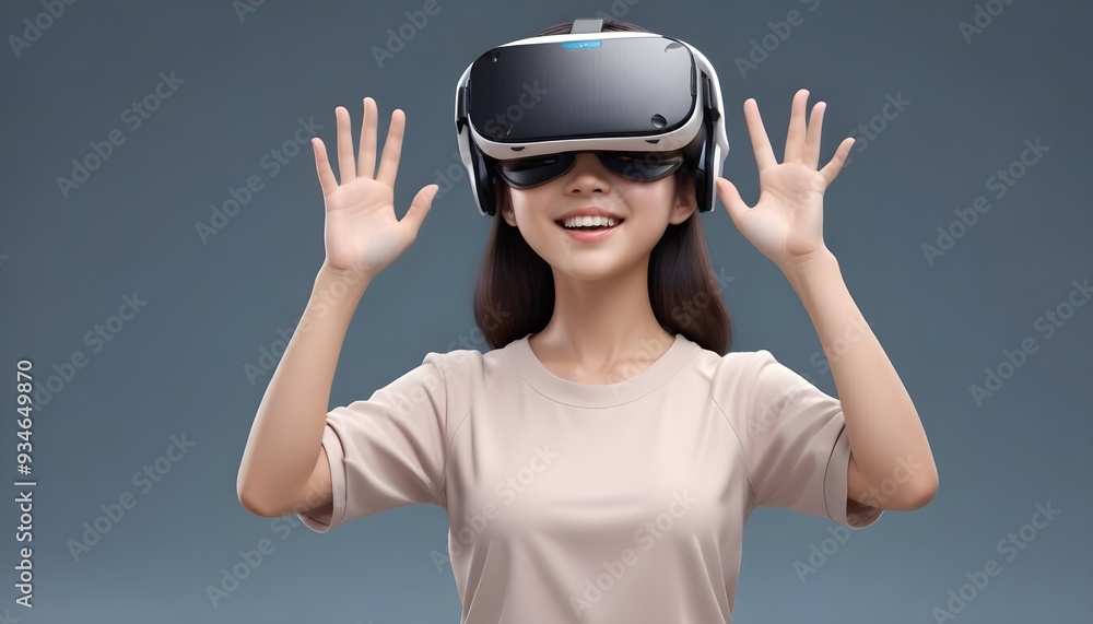 Young woman using VR virtual reality headset in studio portrait white background Young woman using VR virtual reality headset in studio portrait white background