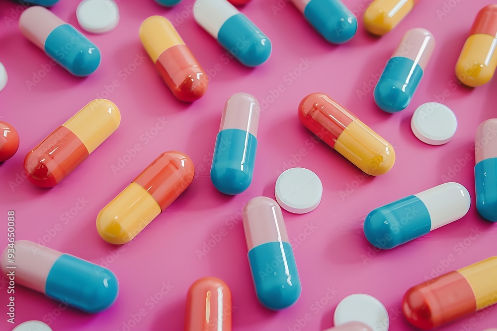 Colorful medical capsules on pink background. Top view, flat lay Colorful medical capsules on pink background. Top view, flat lay