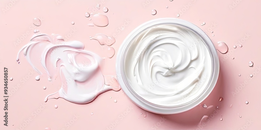 A white cream is in a bowl with a pink background