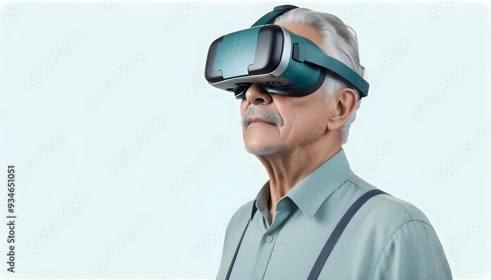 Elderly man using VR virtual reality headset in studio portrait white background Elderly man using VR virtual reality headset in studio portrait white background