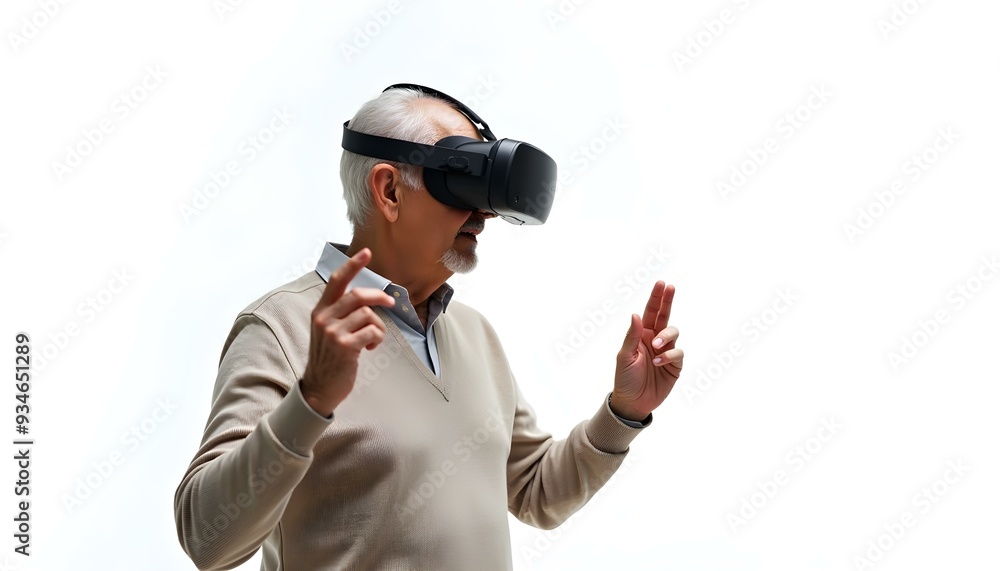 Elderly man using VR virtual reality headset in studio portrait white background Elderly man using VR virtual reality headset in studio portrait white background