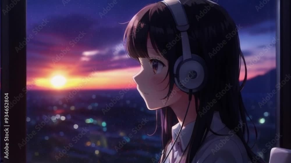A young person relaxes while enjoying a vibrant sunset from their apartment, immersed in music. A young person relaxes while enjoying a vibrant sunset from their apartment, immersed in music.