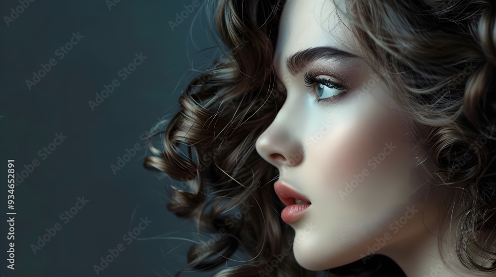 Beautiful woman in profile with long and shiny wavy hair . Beauty model girl with curly hairstyle . Fashion, cosmetics and makeup. Beautiful woman in profile with long and shiny wavy hair . Beauty model girl with curly hairstyle . Fashion, cosmetics and makeup.