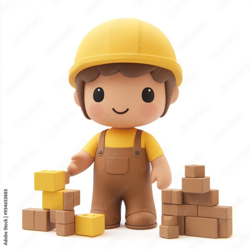 Kawaii Clay Boy Builder 3D Icon: Earth Tones, White Background Kawaii Clay Boy Builder 3D Icon: Earth Tones, White Background