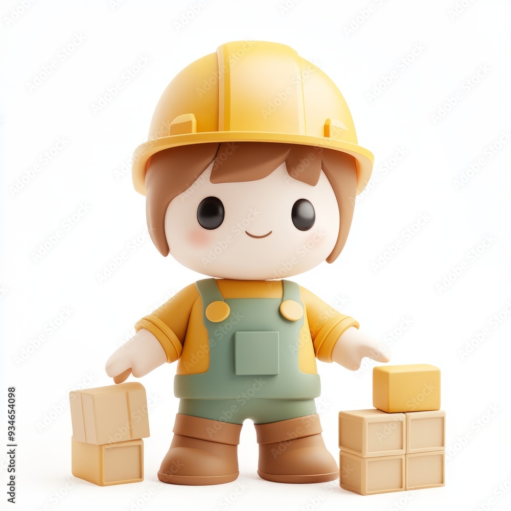 Kawaii Clay Boy Builder: 3D Icon with Construction Helmet and Blocks Kawaii Clay Boy Builder: 3D Icon with Construction Helmet and Blocks