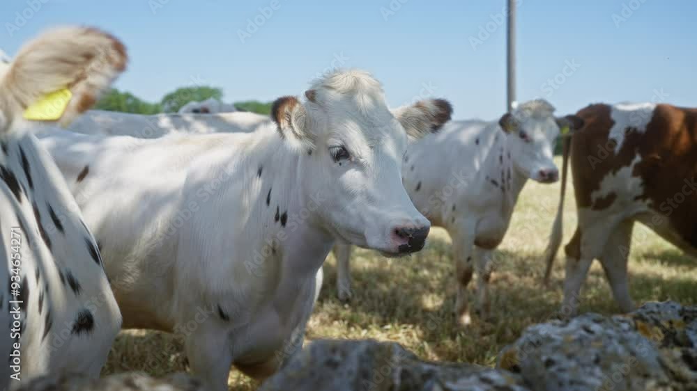 Group of white cows grazing peacefully in a sunny outdoor field surrounded by scenic natural landscape. Group of white cows grazing peacefully in a sunny outdoor field surrounded by scenic natural landscape.