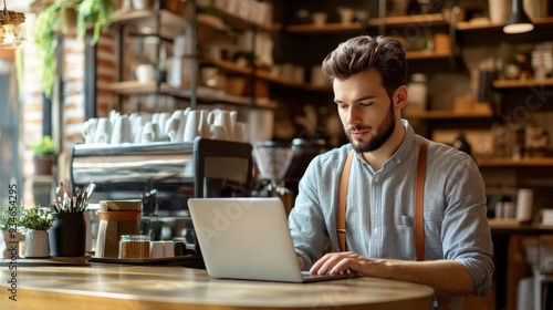 Trendy Coffee Shop Interior: Young Entrepreneur Working on Laptop