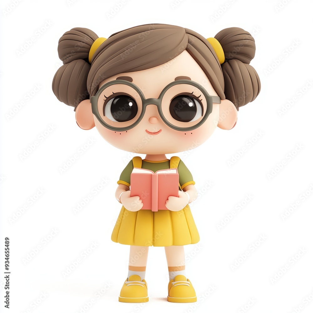 Kawaii Clay Girl with Glasses Studying: 3D Icon in Retro Colors Kawaii Clay Girl with Glasses Studying: 3D Icon in Retro Colors