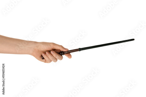 Woman with magic wand on white background, closeup photo