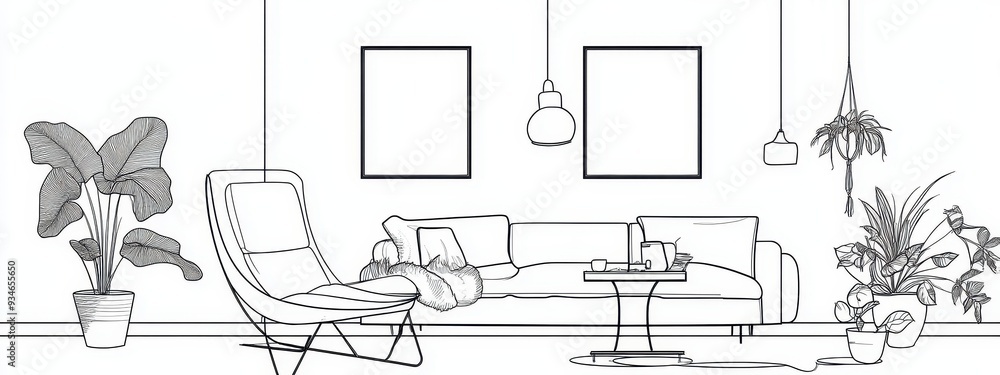 Line interior home art room design illustration outline sketch ...
