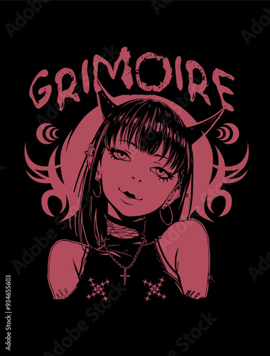 Anime gothic japanese graphic t shirt design for print, horror japanese girl vector illustration, dark Anime japan style