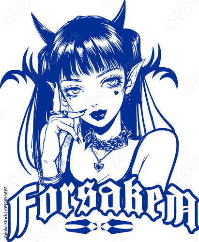 Anime gothic japanese graphic t shirt design for print, horror japanese girl vector illustration, dark Anime japan style