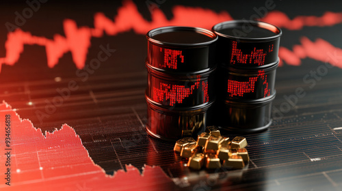 A pair of black barrels with red numbers on them sit on a table with gold coins. Concept of financial instability and uncertainty