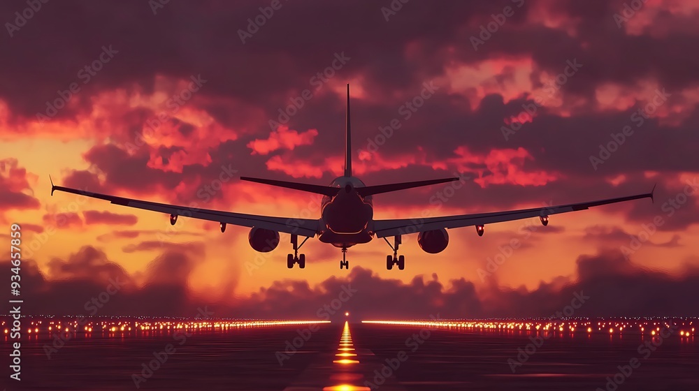 Cinematic View of Passenger Airplane Taking Off at Sunset Cinematic View of Passenger Airplane Taking Off at Sunset