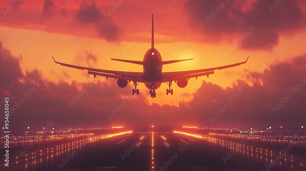 Cinematic View of Passenger Airplane Taking Off at Sunset Cinematic View of Passenger Airplane Taking Off at Sunset