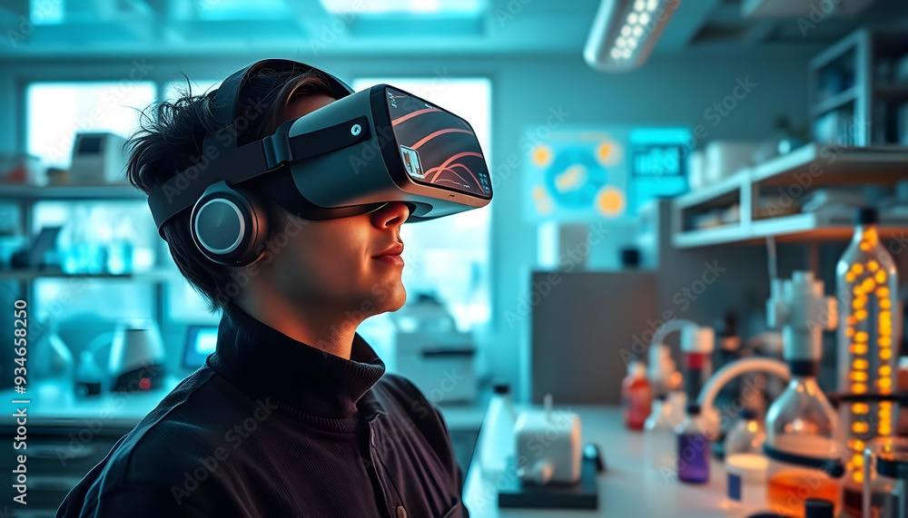 Scientist using VR headset in futuristic research laboratory Scientist using VR headset in futuristic research laboratory