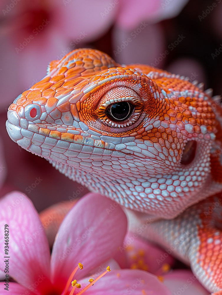 Fototapeta premium Macro photography graceful lizards on pink oleanders 