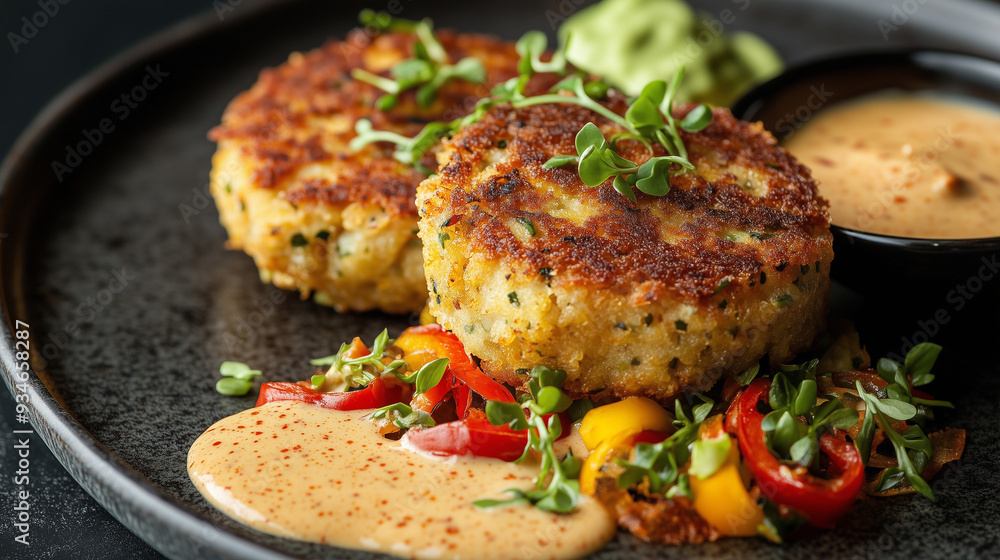 Warm Crab Cakes With Zesty Remoulade and Fresh Toppings Warm Crab Cakes With Zesty Remoulade and Fresh Toppings