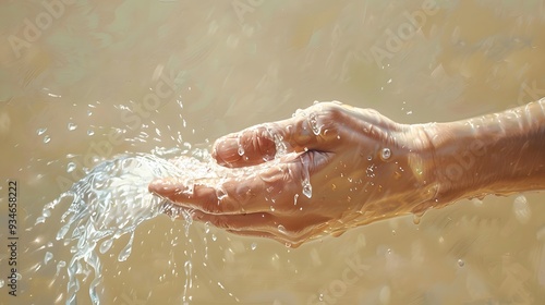 Water pouring on hand in morning ligth background. 