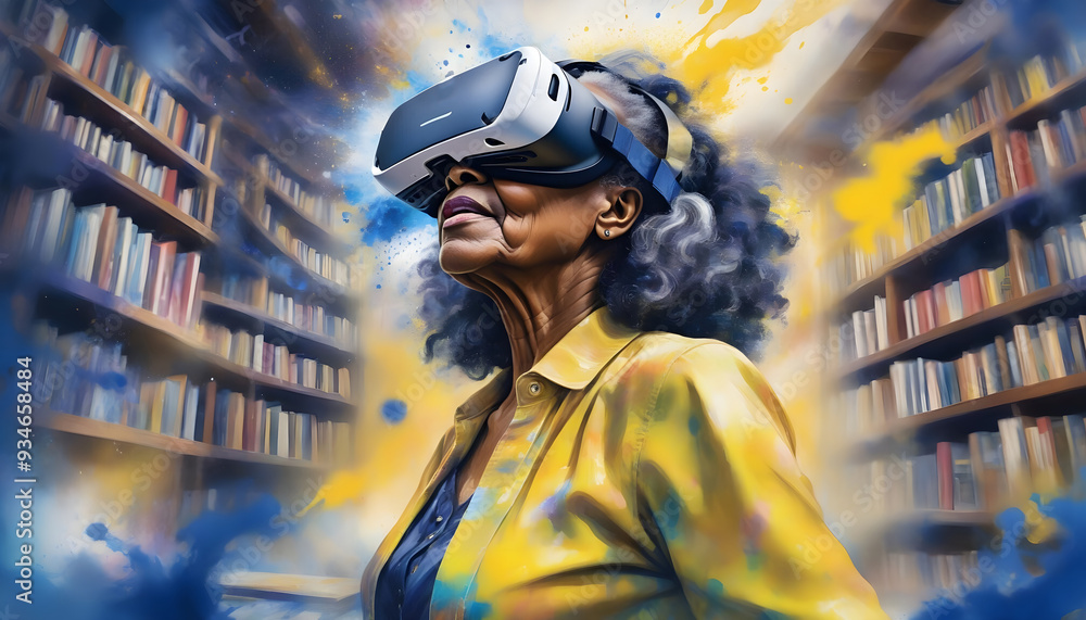 Elderly Woman Immersed in VR Library Experience Elderly Woman Immersed in VR Library Experience