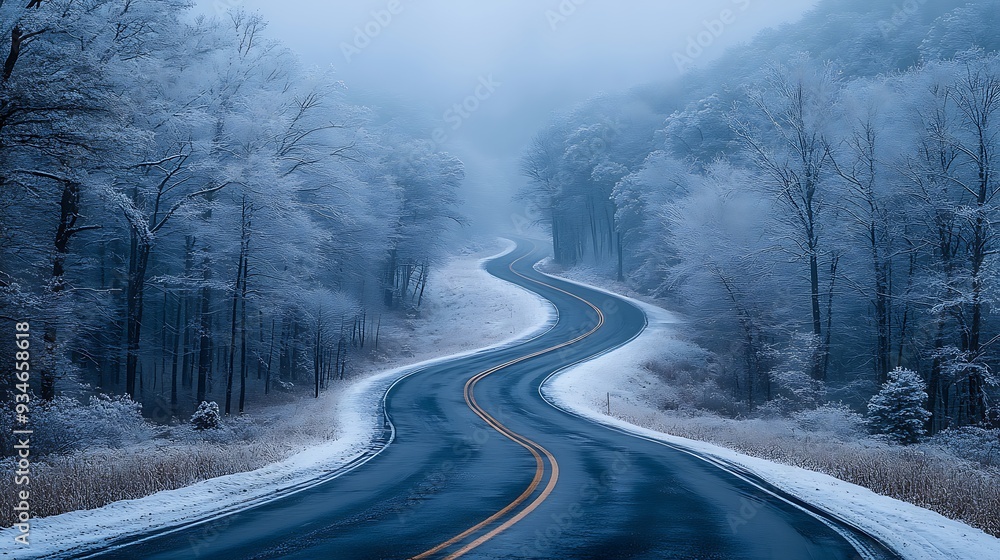 Fototapeta premium Winding road through a snow-covered forest with a misty background.