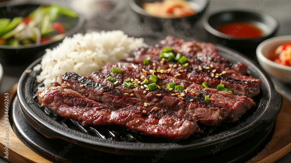Grilled Beef Yakiniku With Rice and Sauces at Restaurant Grilled Beef Yakiniku With Rice and Sauces at Restaurant